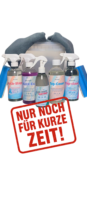 Frühjahrsputz Putzset mit verschiedenen Koleen Produkten, Putzschwamm und Putzeimer
